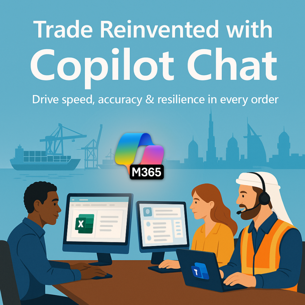 Trade staff using Microsoft 365 Copilot Chat in warehouse and office to improve operations